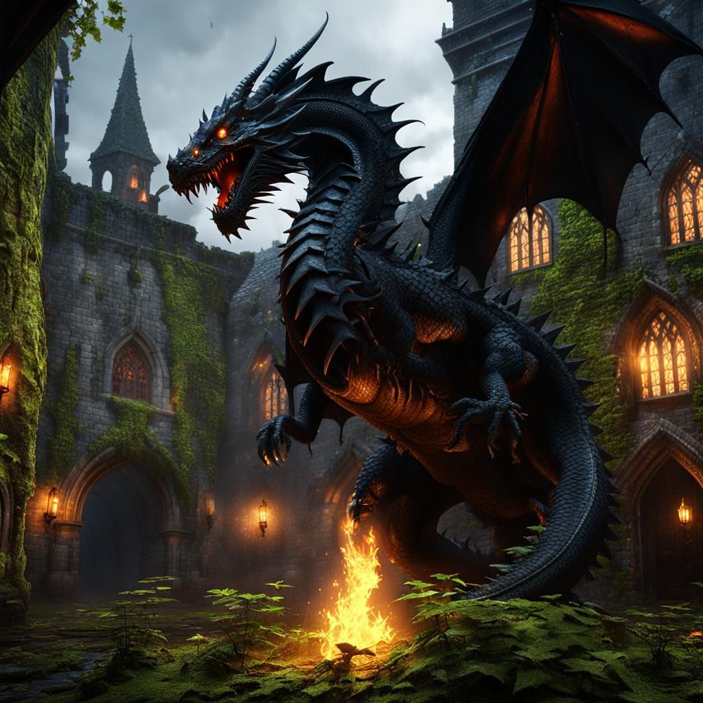 Black Dragon in Gothic Town with Fire