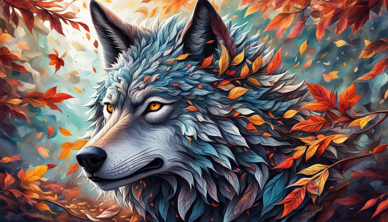 Surreal Wolf Face Dissolves Into Autumn Leaves