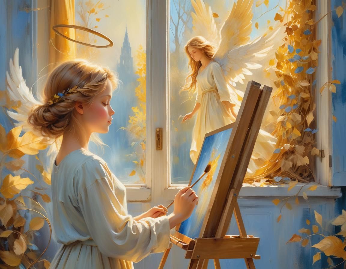 “An angel painting a picture, with an ethereal glow around her head, and leaves flying outside the window.”