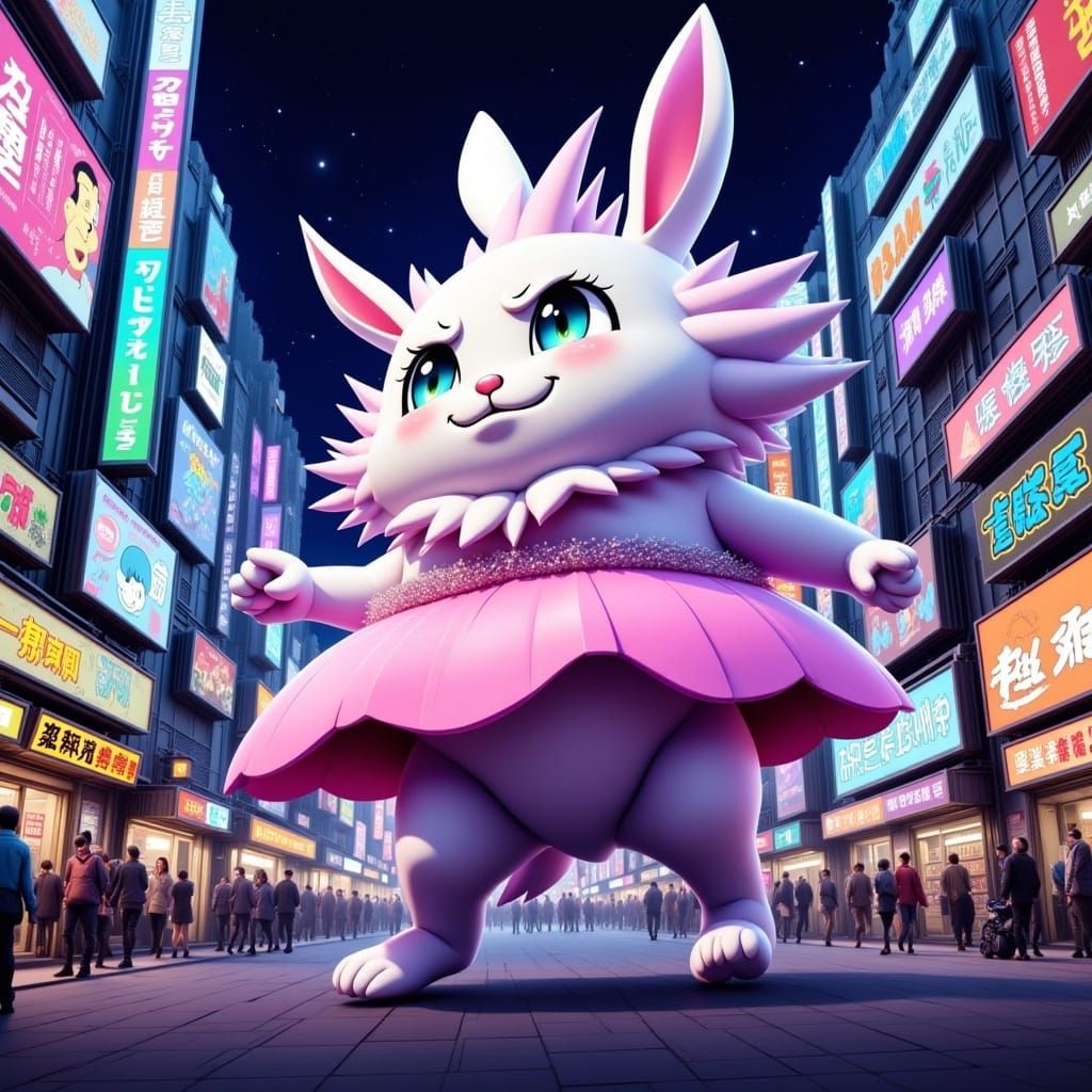 <lora:Crazy 2:1.0> Bunny kaiju  dancing thrpugh downtown Tok...