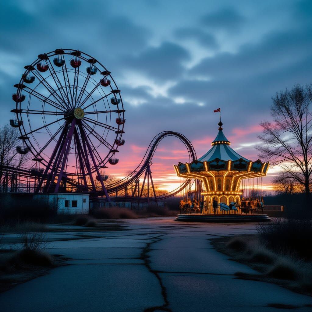 Abandoned Twilight Amusement Park in Vintage Film Style