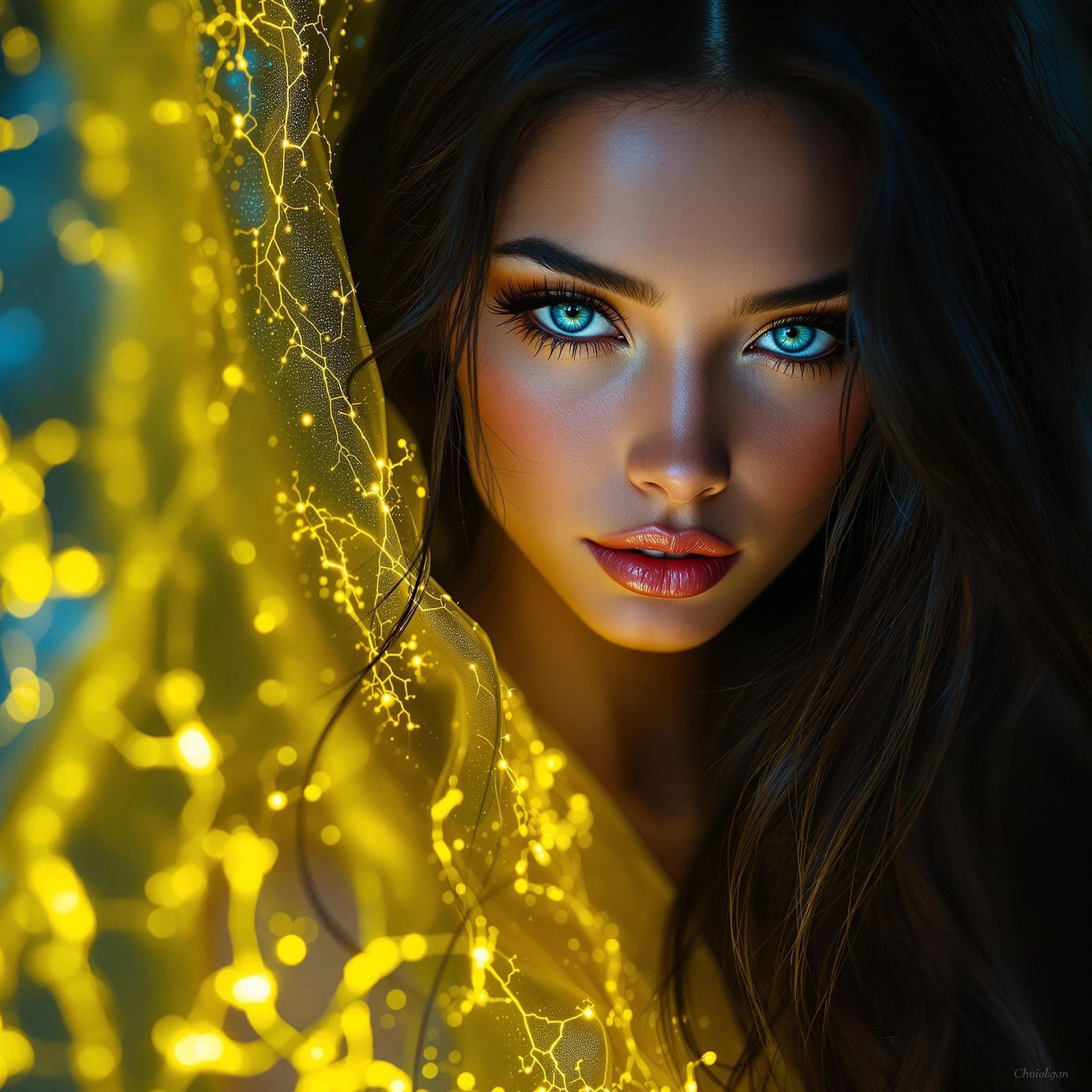 Cyberpunk Goddess with Metallic Hair and Glowing Eyes