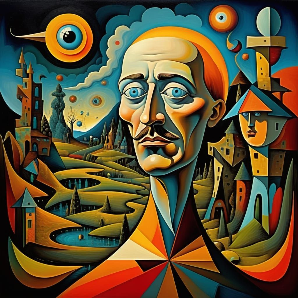 Distorted Figure in a Dreamlike Cubist Landscape