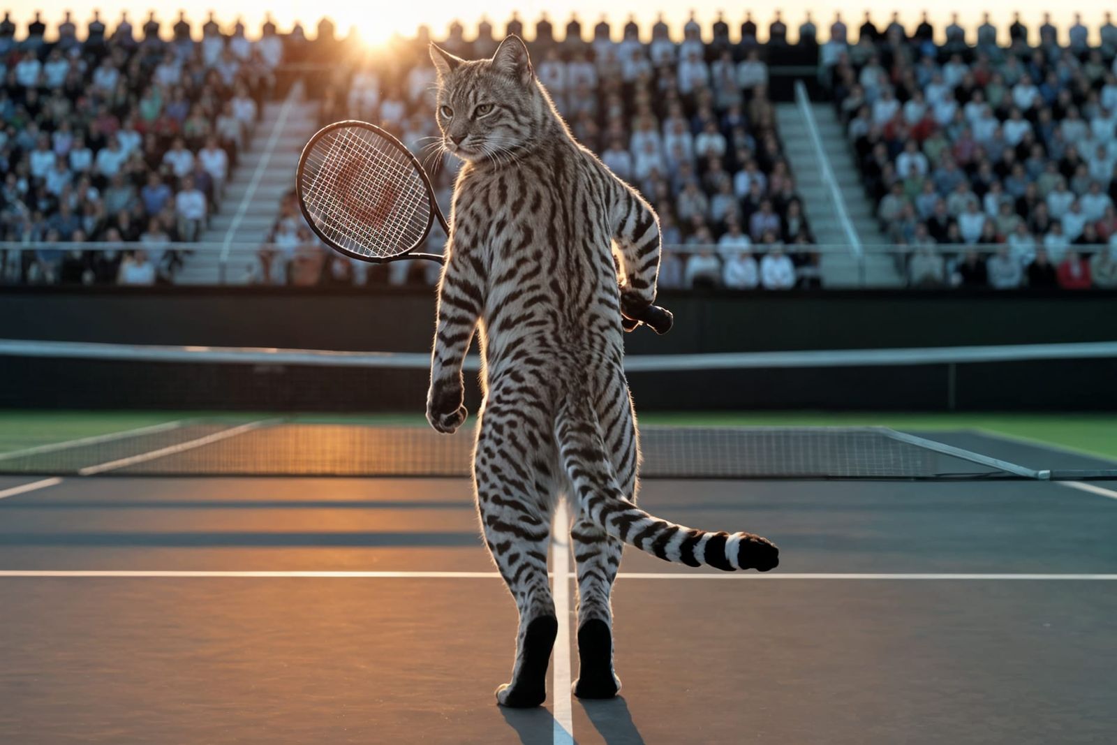 Bobcat on Tennis Court at Sunset