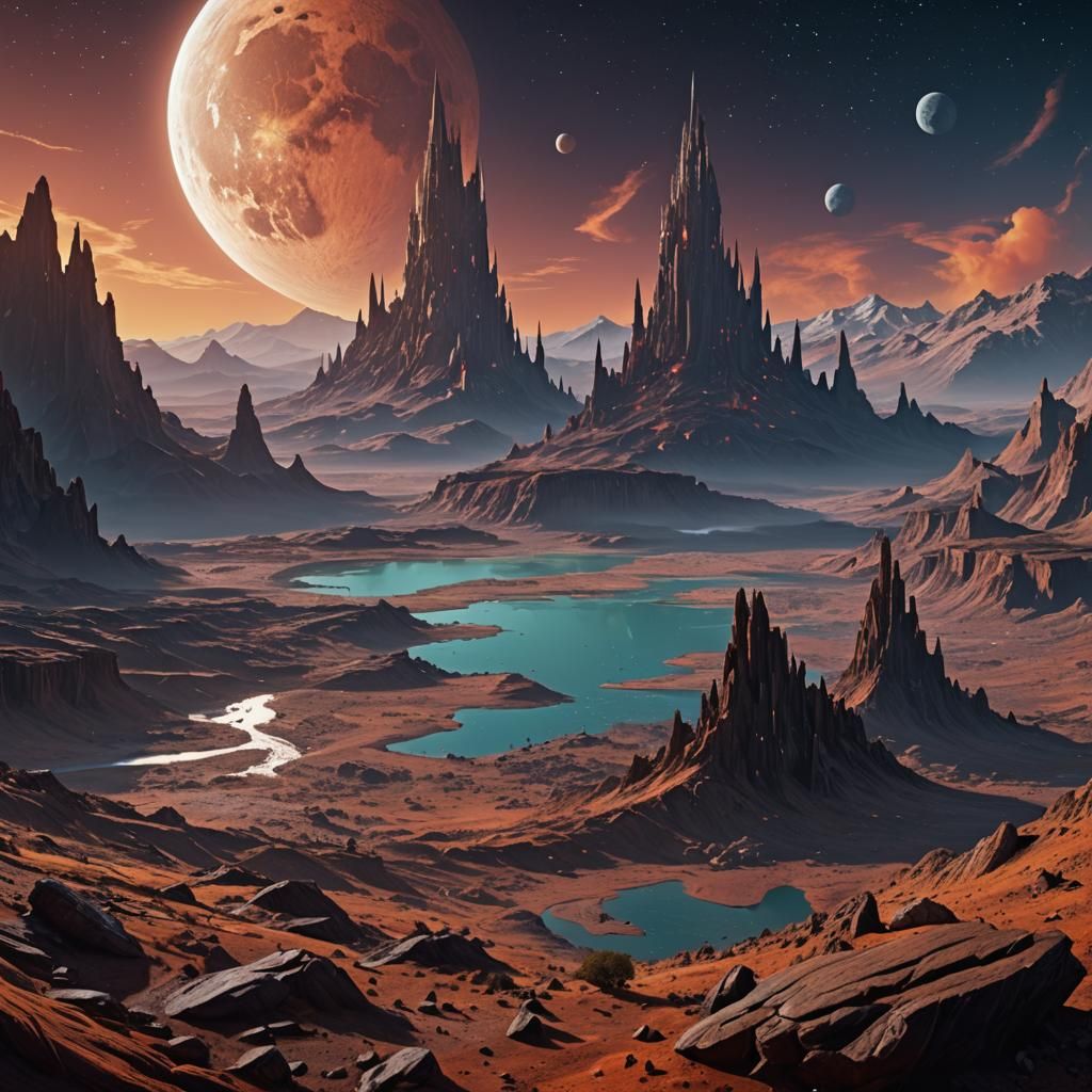 Fantastical Landscape Under Twin Moons, Detailed Matte Paint...