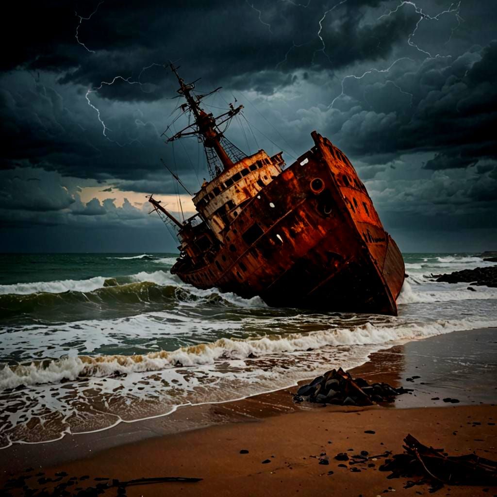 Rusty ship wreck on shore of ocean. Stormy seas and skies with night approaching