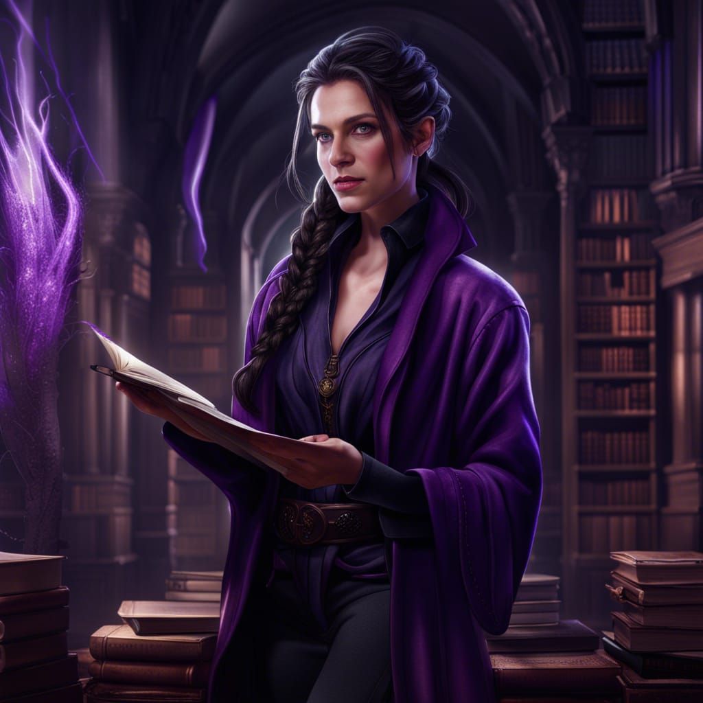 Woman Mage Conjuring Magic in Library, Detailed Painting