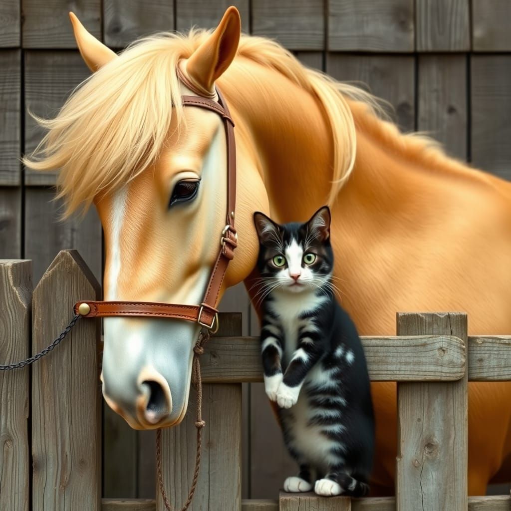 Golden Palomino Horse and Cat by Wood Fence