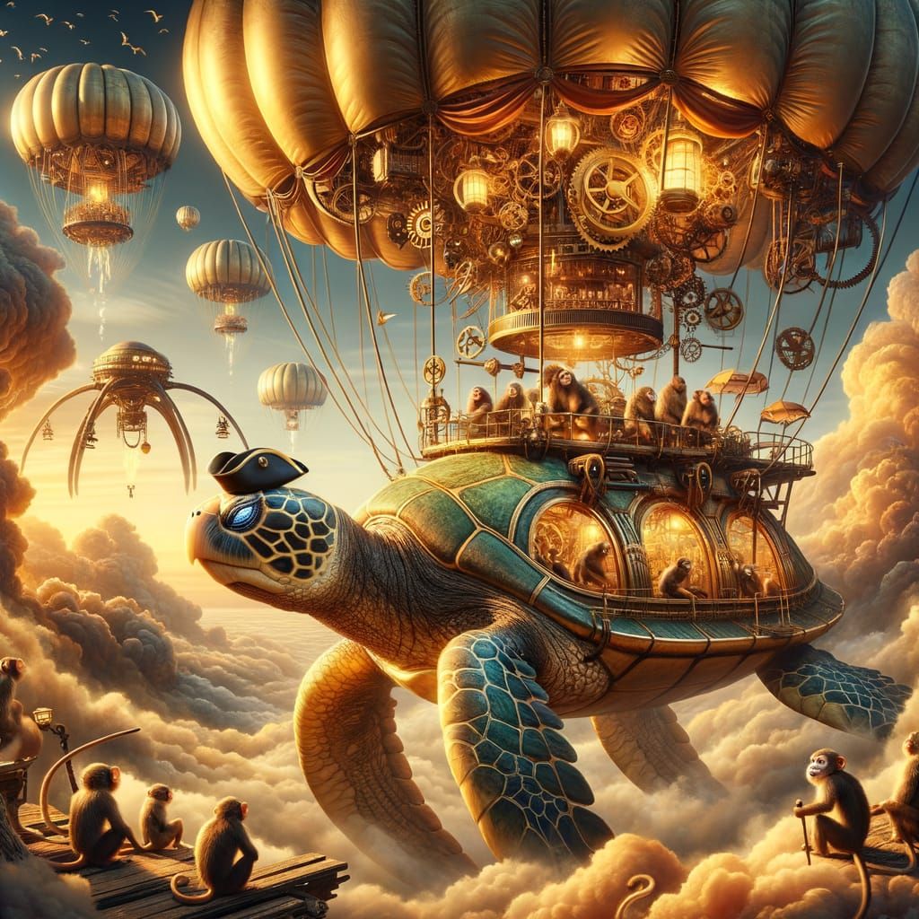 Steampunk Turtle Airship Soaring Through Gear-Filled Sky