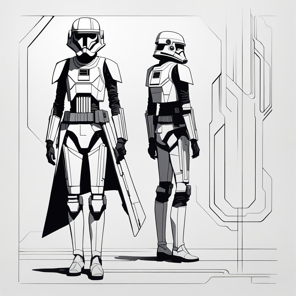 Retro Sci-Fi Character in Monochromatic Line Art