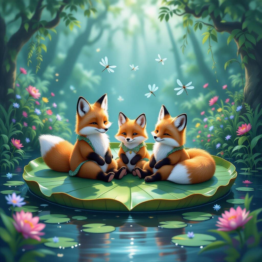 Fox Family Relaxation in Bioluminescent Jungle