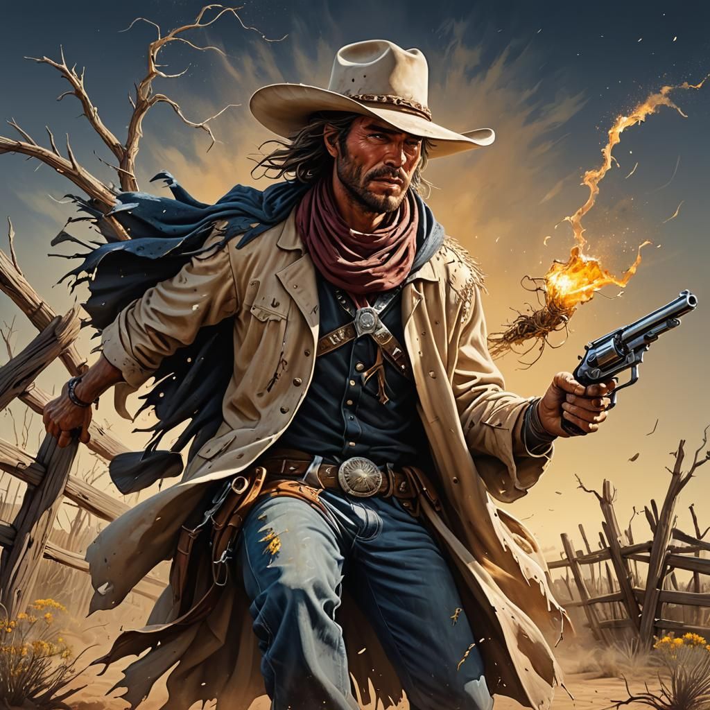 Hyperrealistic Gunslinger in Barren Landscape