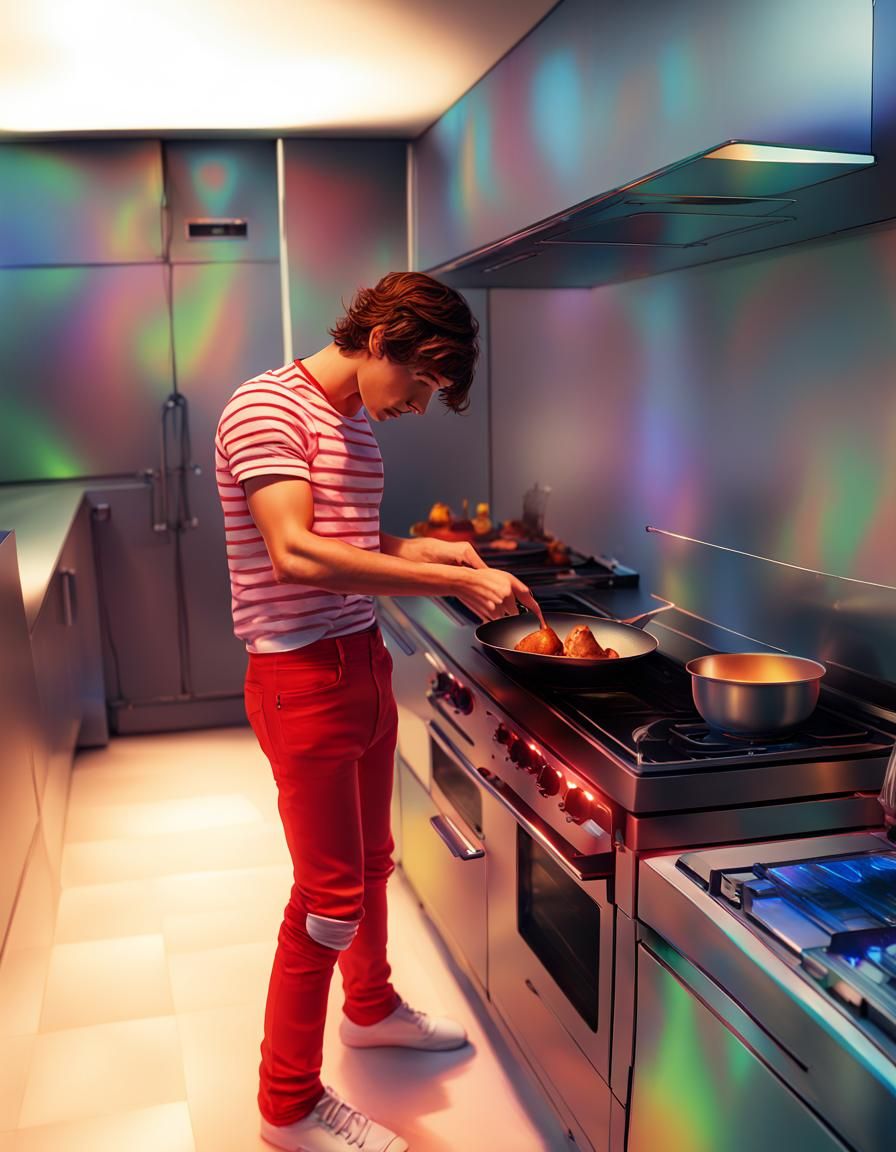 one direction young louis tomlinson in red pants and striped t-shirt cooking chicken