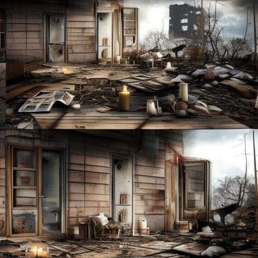 Post apocalyptic penthouse with boarded up windows& worn out furniture& worn out rugs& worn out tables& brick walls& can...