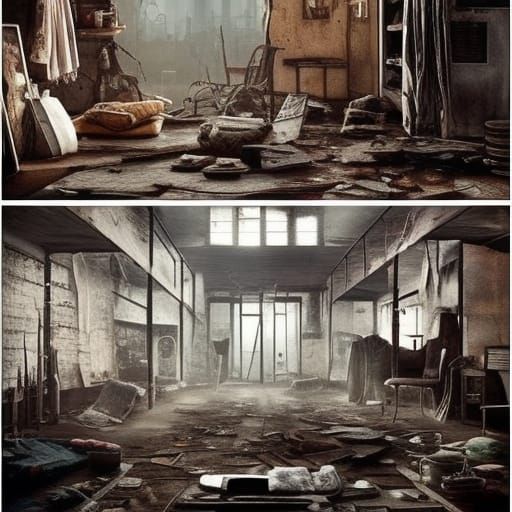 Post apocalyptic penthouse with boarded up windows& worn out furniture& worn out rugs& worn out tables& brick walls& can...