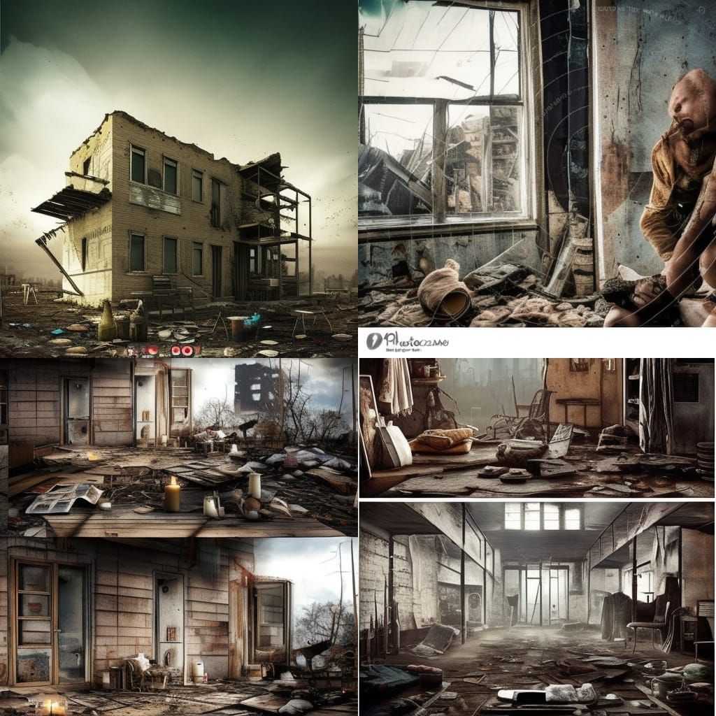 Post apocalyptic penthouse with boarded up windows& worn out furniture& worn out rugs& worn out tables& brick walls& can...