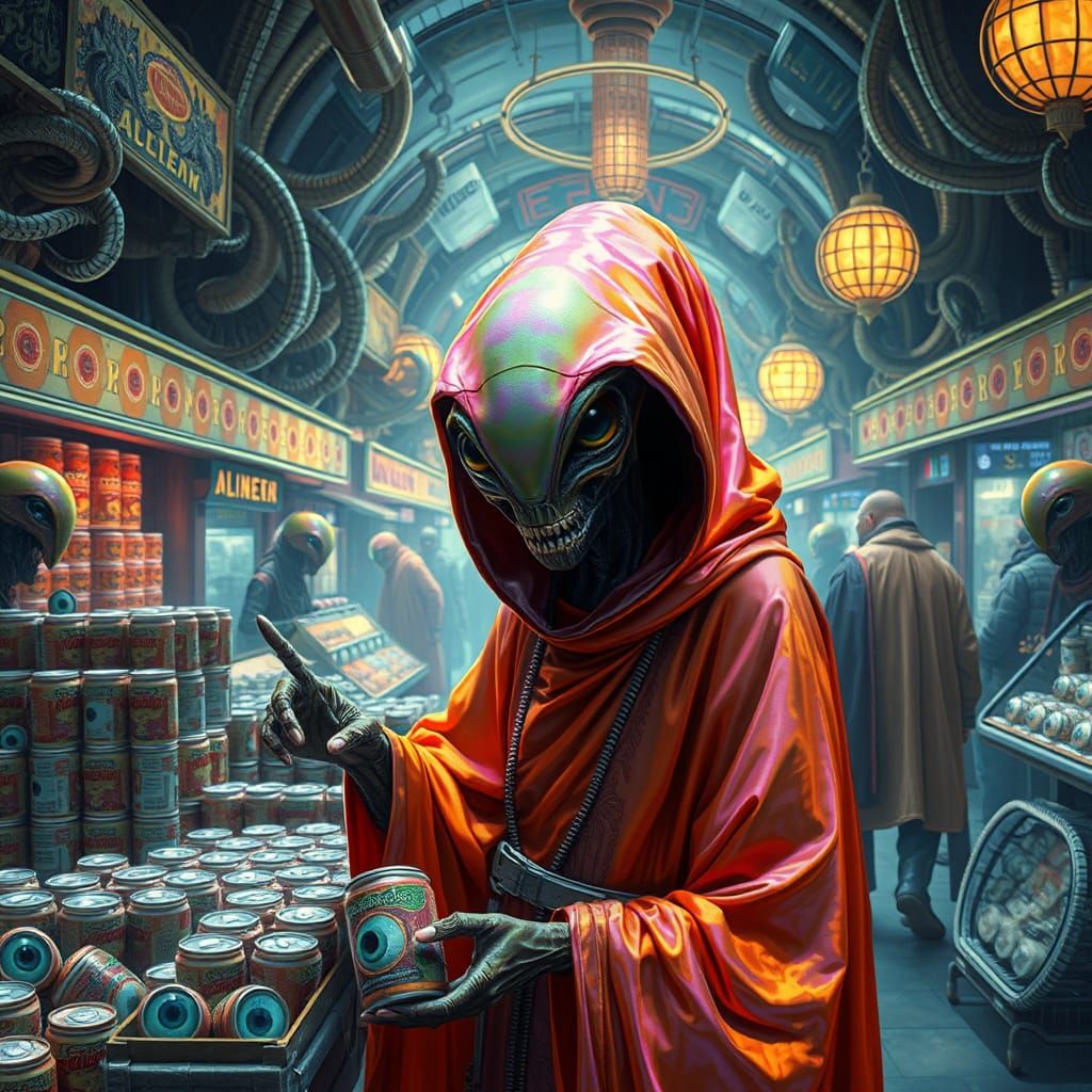 Alien Vendor Selling Canned Eyes in Sci-Fi Market