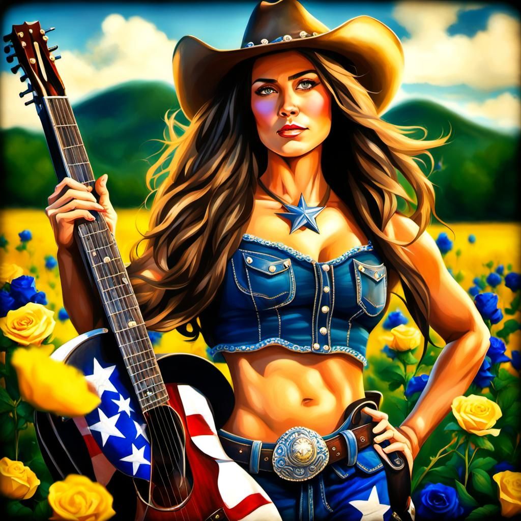 Texas Woman with Flowing Hair in a Bluebonnet Field