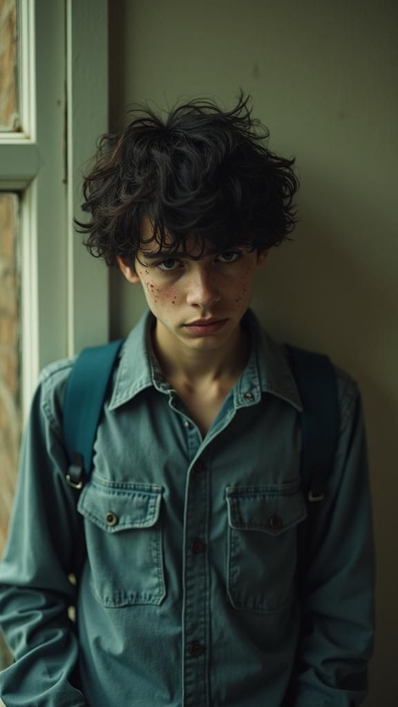 A teenager with emo hair, pimply skinny face and school clot...