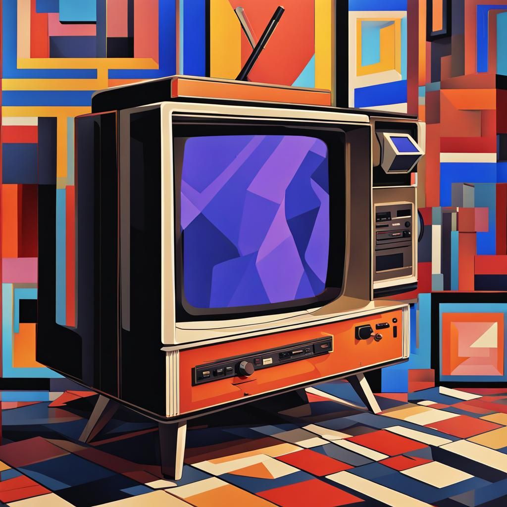 Atari System on Old TV: Cubist Art Deco Style