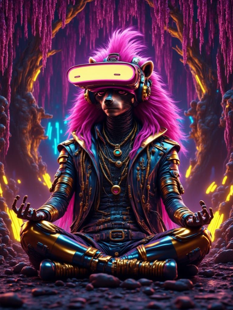 Cyberpunk Raccoon Pharaoh Meditating in Virtual Reality