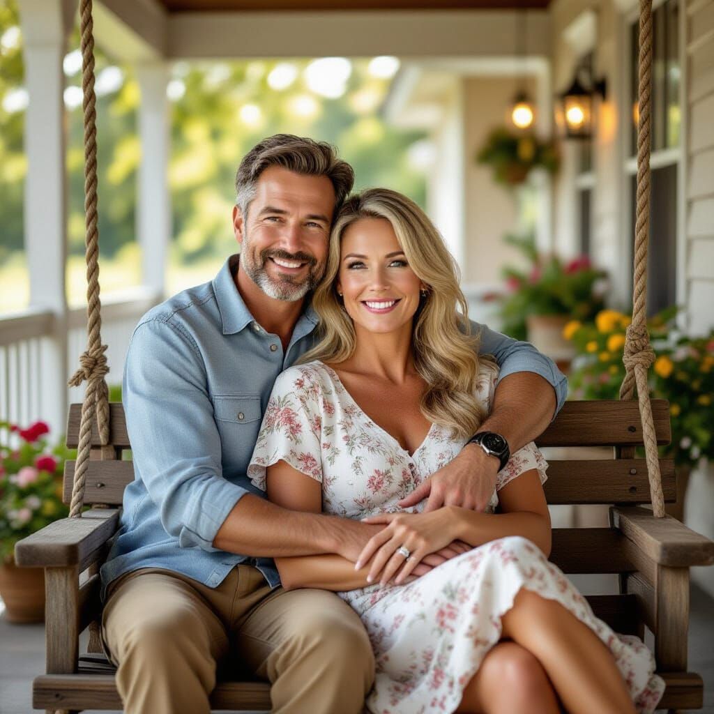 Mature Couple Embraces on Rustic Porch Swings