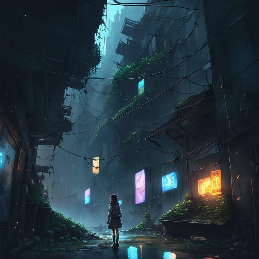 Luminescent Girl in Abandoned City, Digital Art