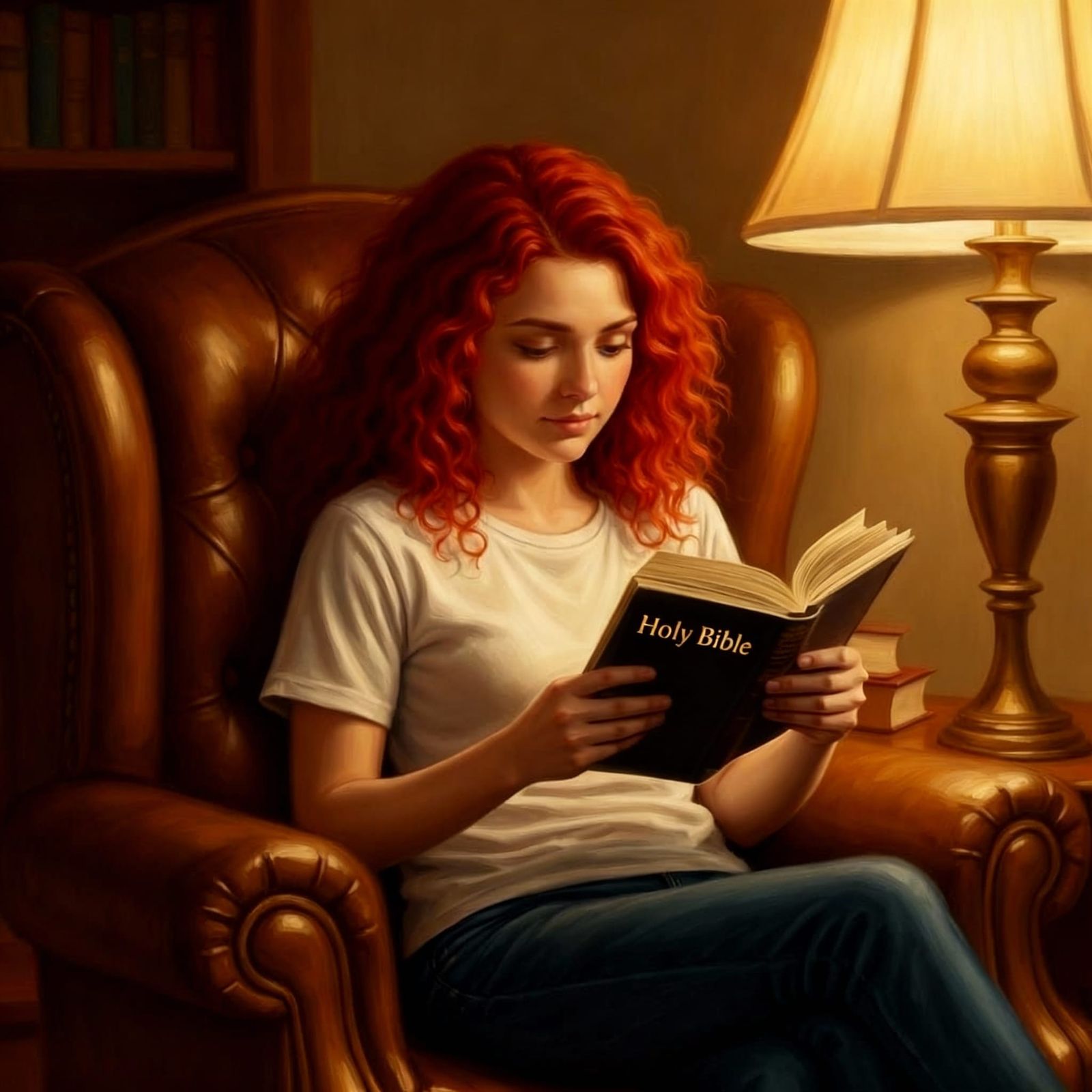 Teenage Girl Reads Bible in Comfy Chair Matte Painting