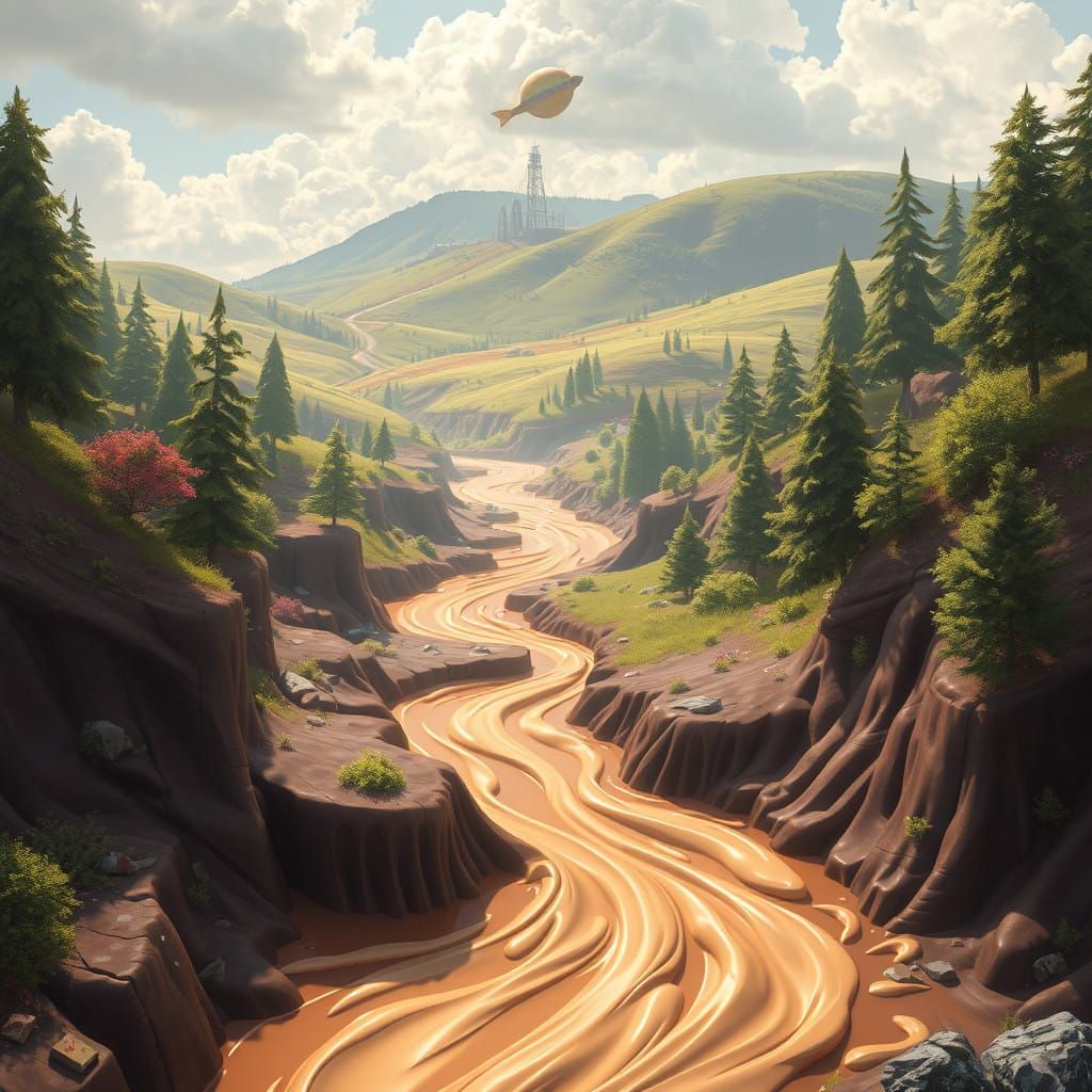 Dreamlike Chocolate River in a Surreal Landscape