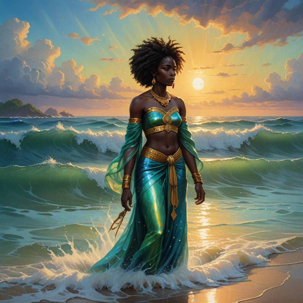 Surreal Afro-Caribbean Goddess Enveloped by Serene Oceanic M...