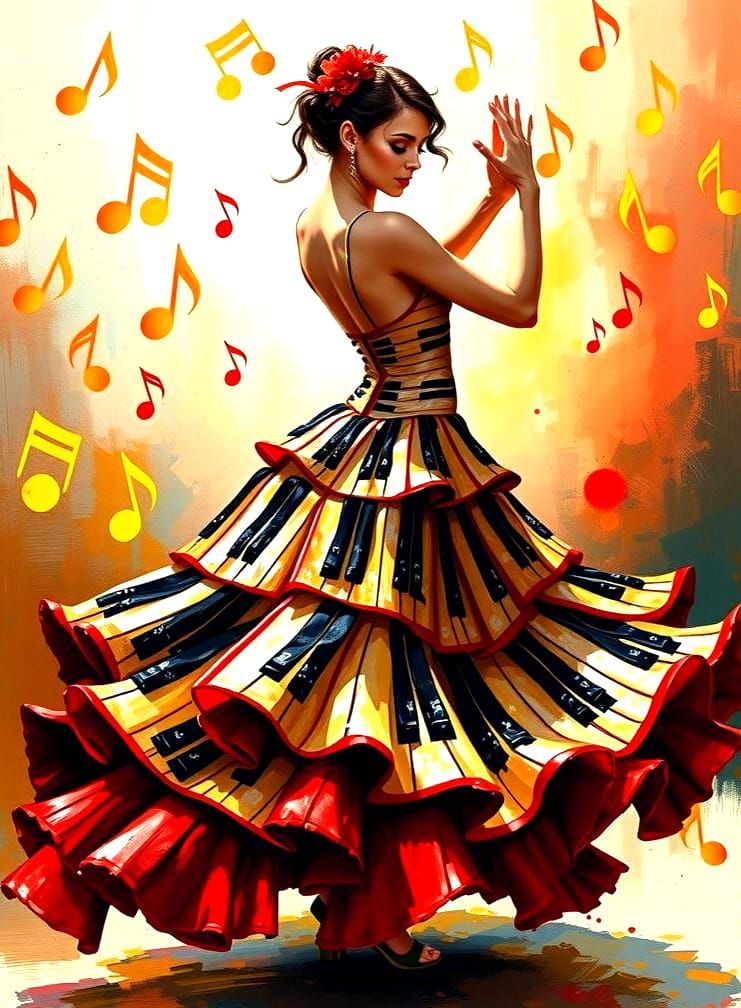 Flamenco Dancer in Motion with Piano Key Dress
