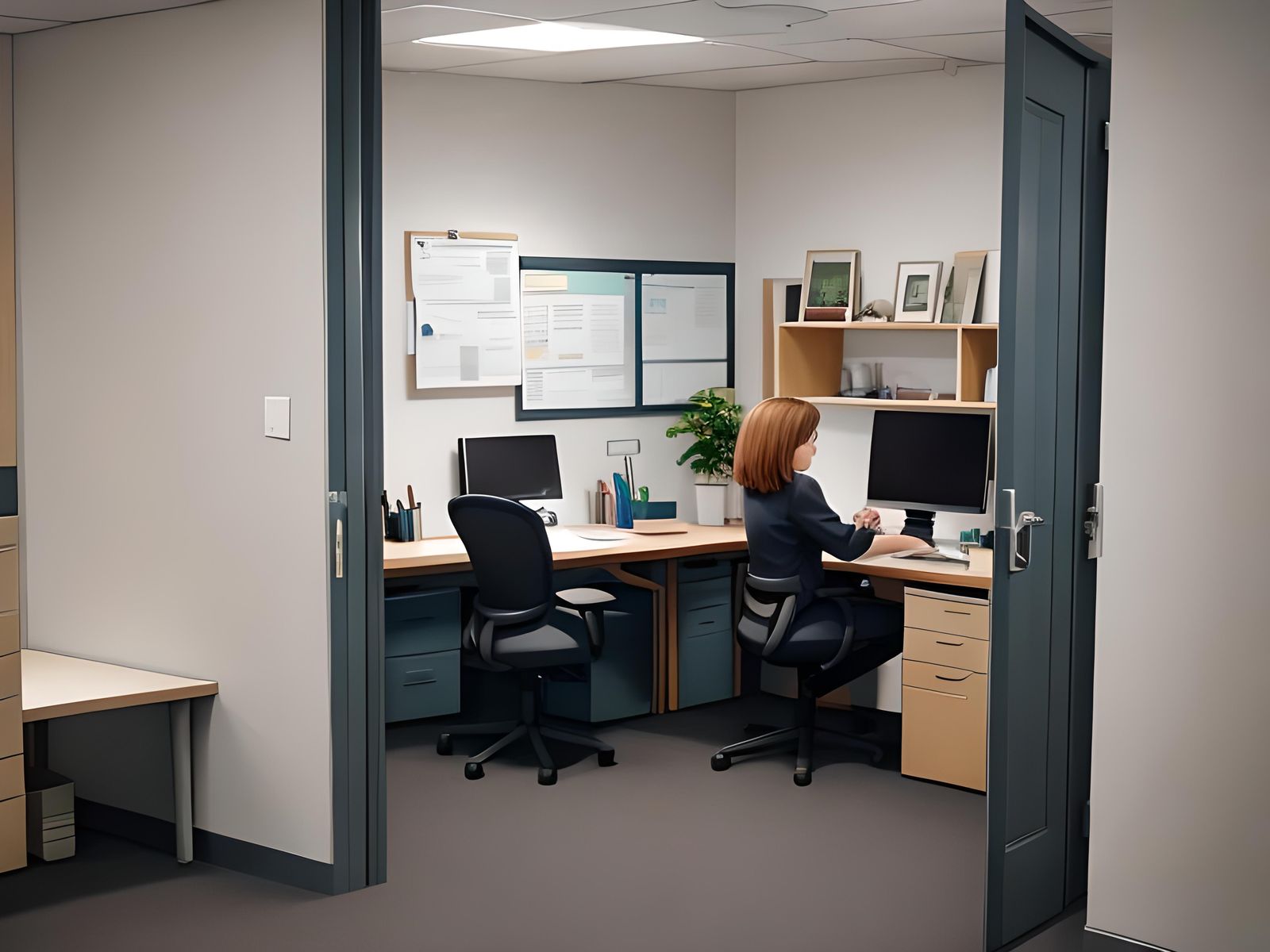 Office Assistant Working at Desk Near Door
