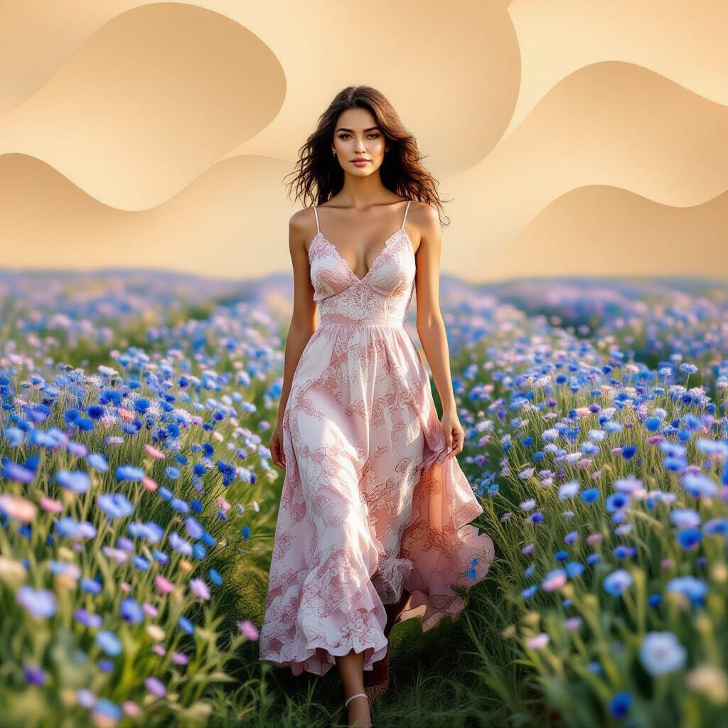 Shining Woman in Cornflower Field: Hyperrealistic Portrait