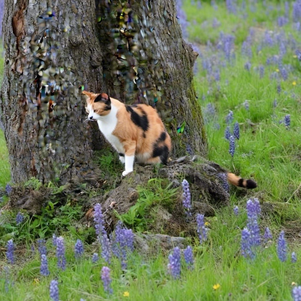 Figure Climbing Oak Tree in Lupine Field