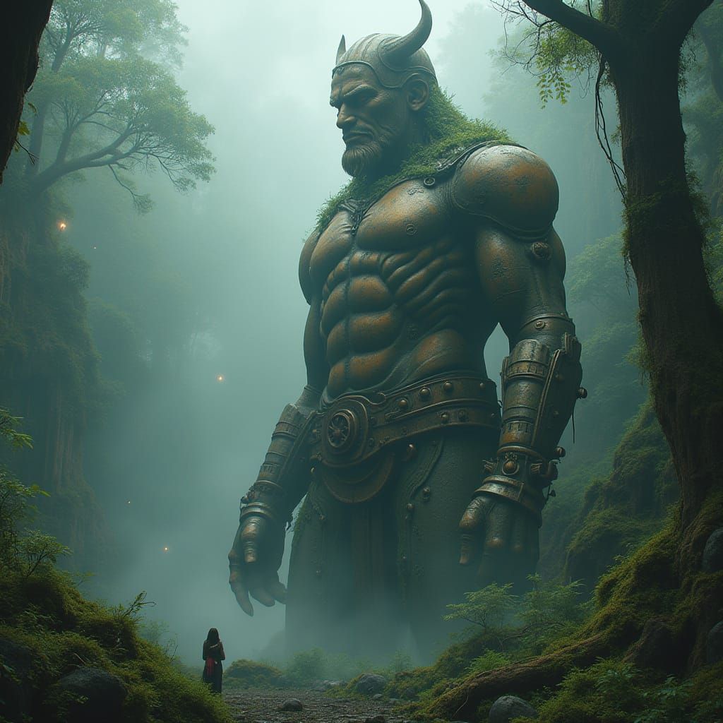 Ancient Steampunk Deity Statue in Misty Jungle