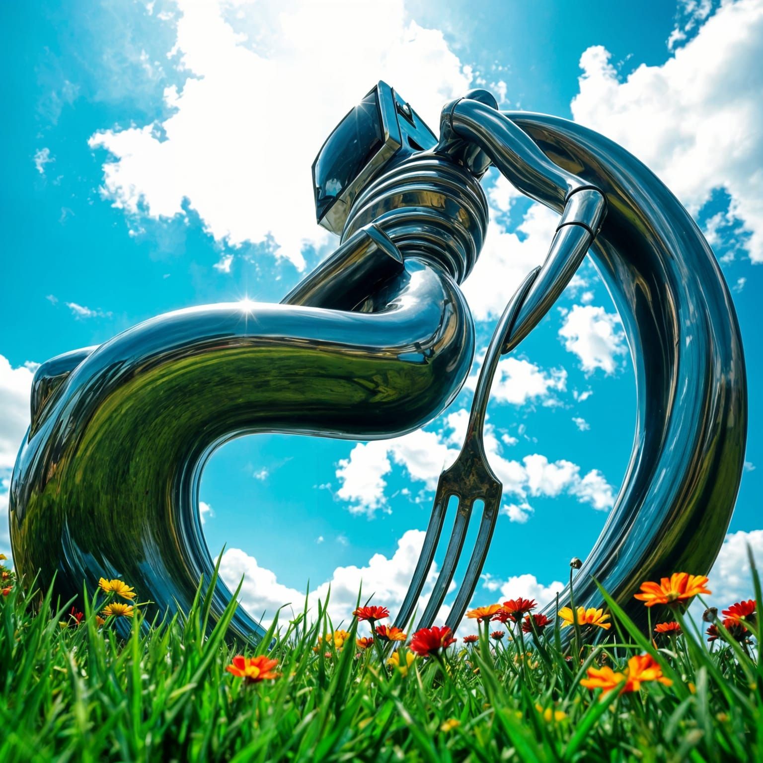Metallic Sculpture of Steel Body with Computer Head, Fork, a...