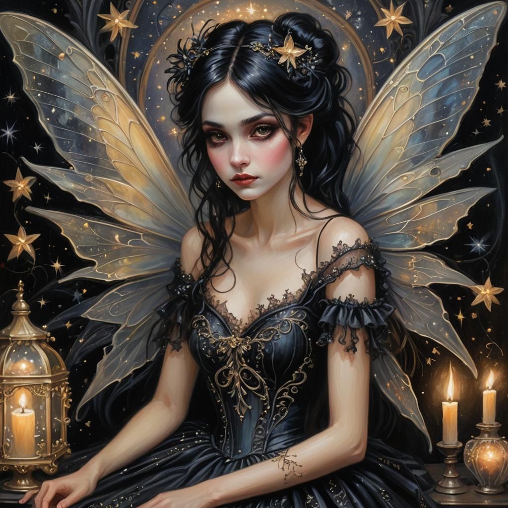Gothic Fairy at Victorian Vanity in Art Nouveau Style