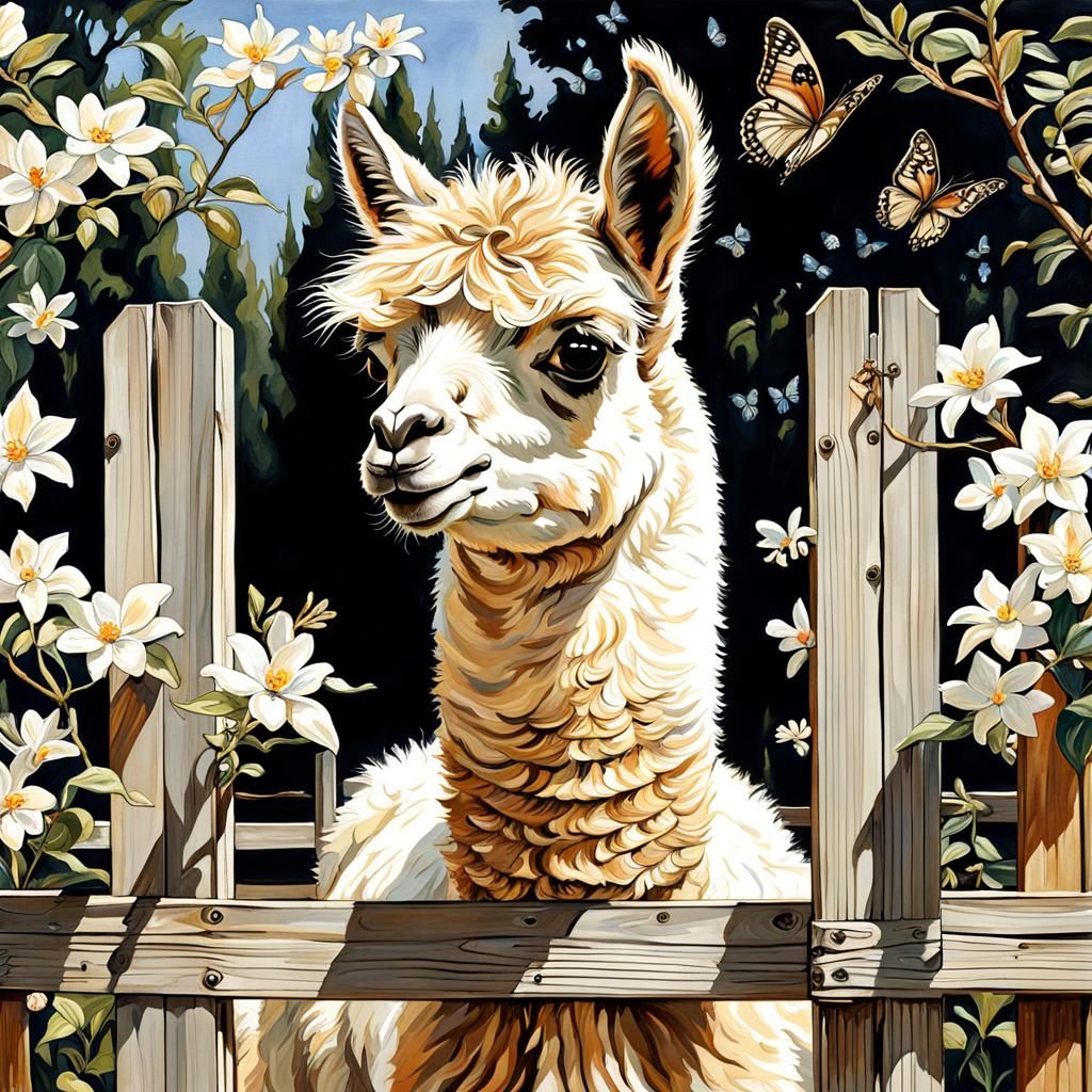 Baby Llama on Farm in Gouache Style