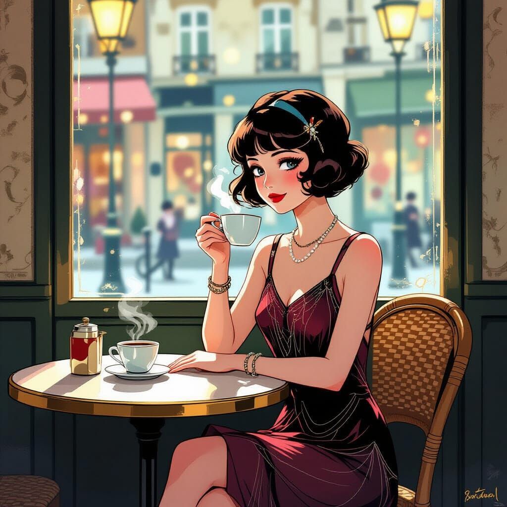 Flapper at Parisian Cafe in Manga Style