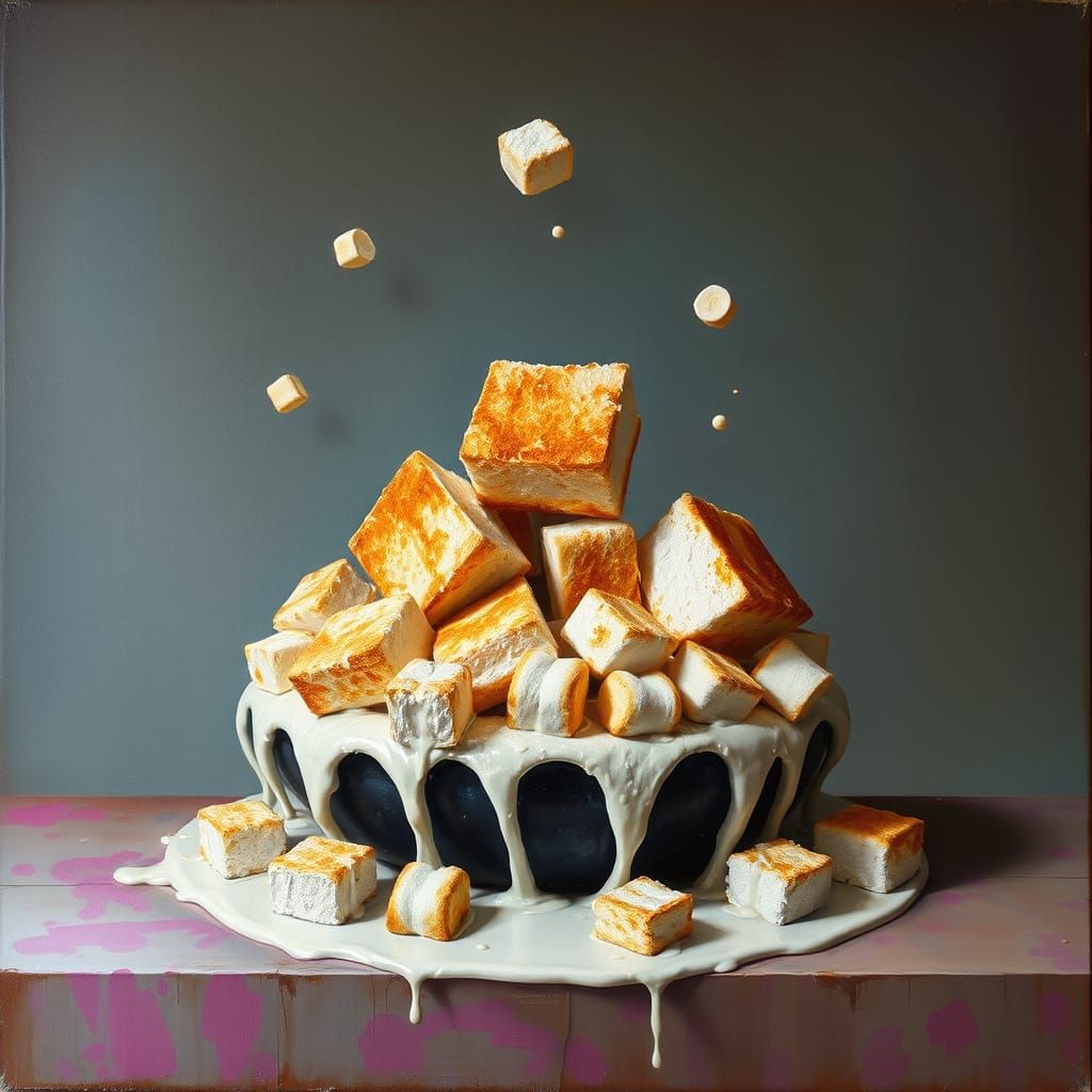 Surrealistic Fountain of Melting Marshmallows in Vibrant Oil...