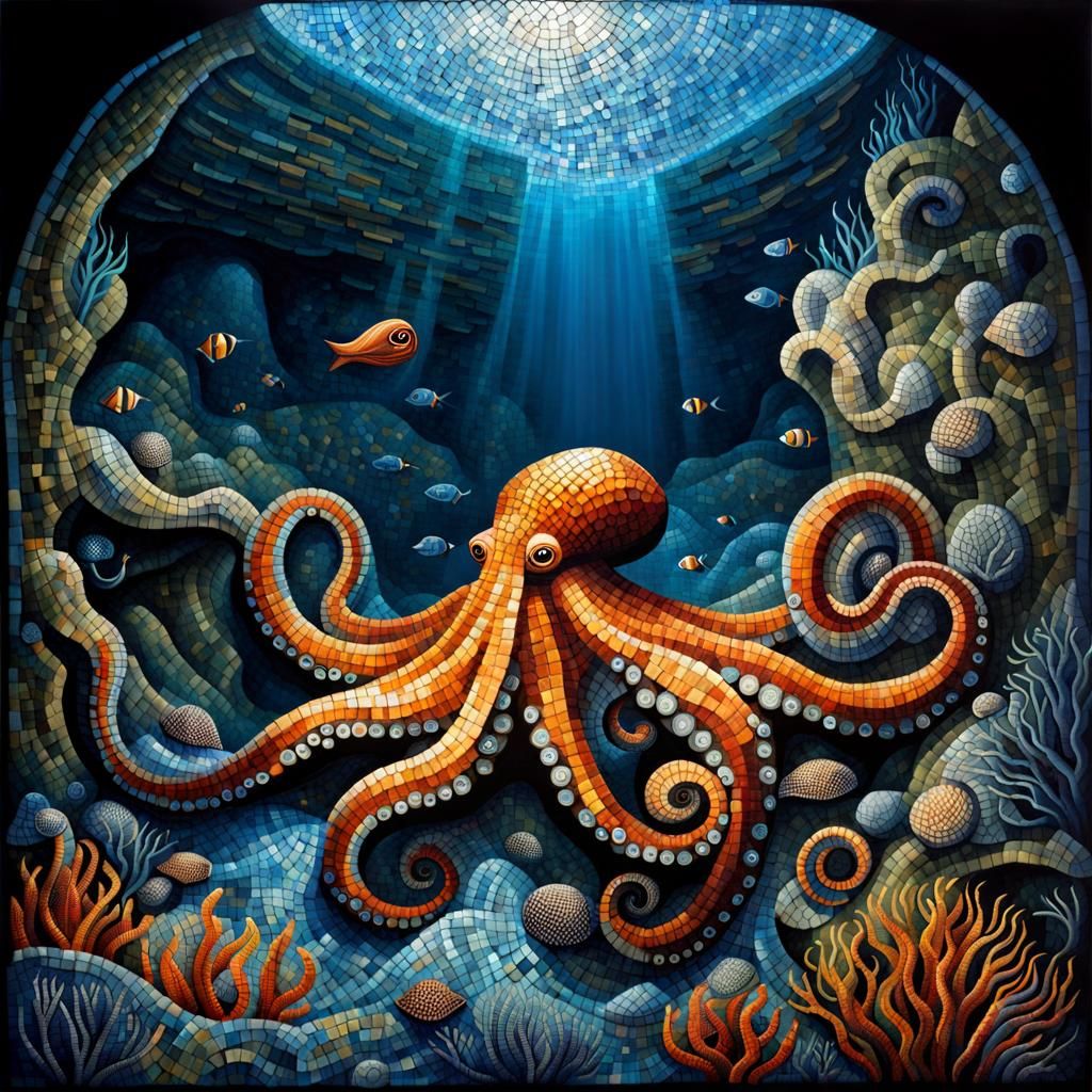 Surreal Octopus in Mosaic Cave with Dark Lighting