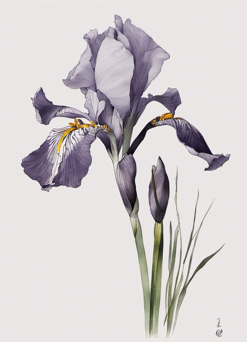 A Japanese Iris on an island in the middle of a lake - Ippitsugaki Japanese calligraphy art Line Painting
