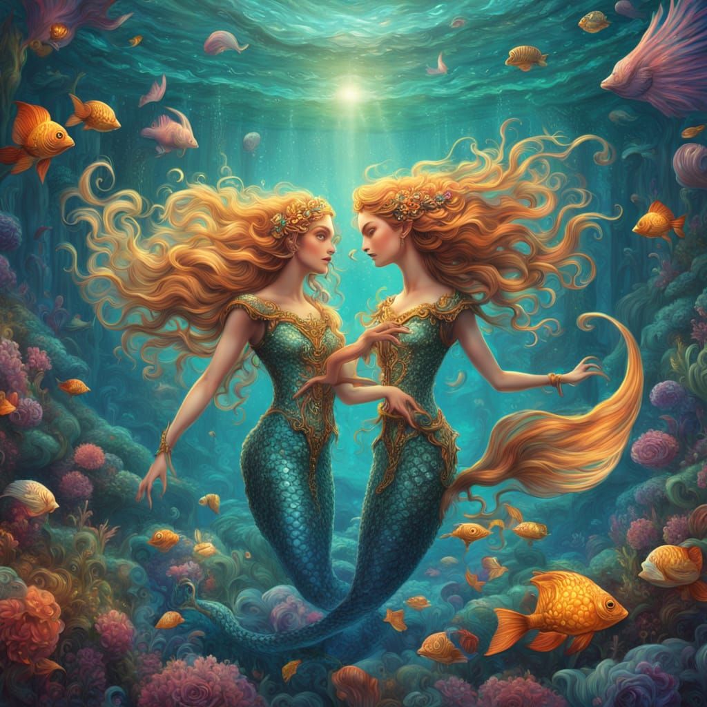 Twin Mermaids Dance in a Dreamlike Ballroom Scene