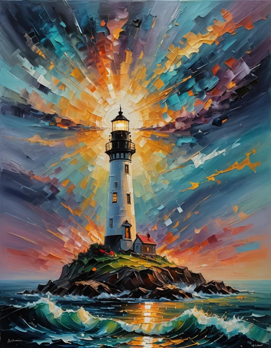 Abstract Lighthouse Oil Painting at Stormy Sunset
