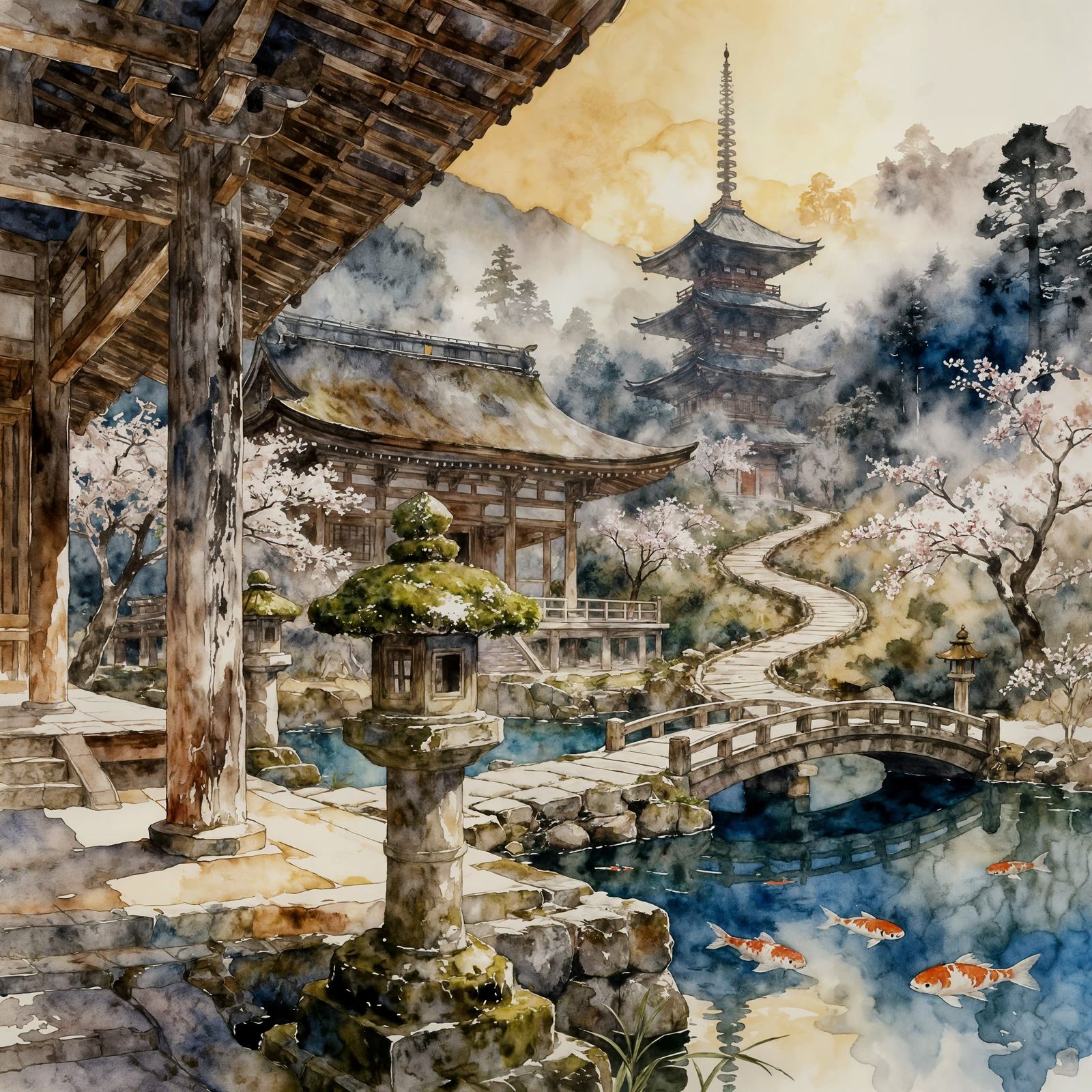 Japanese Temple Koi Pond Watercolor Masterpiece