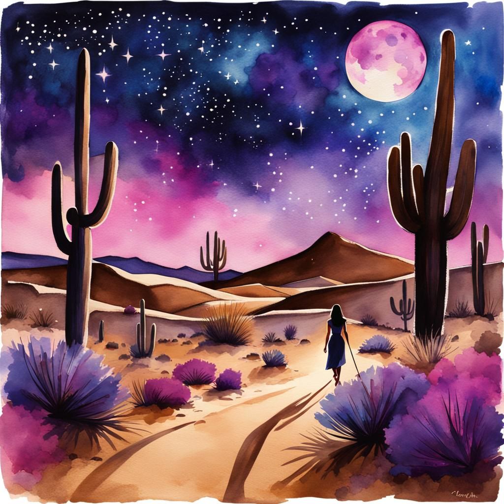 Fantasy Desert Night Sky in Watercolor Style