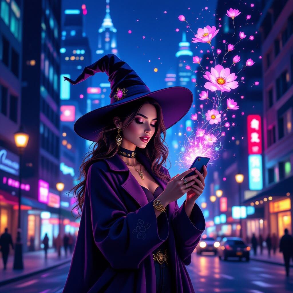 Modern Witch's Smartphone Spell Blooms City Streetlights