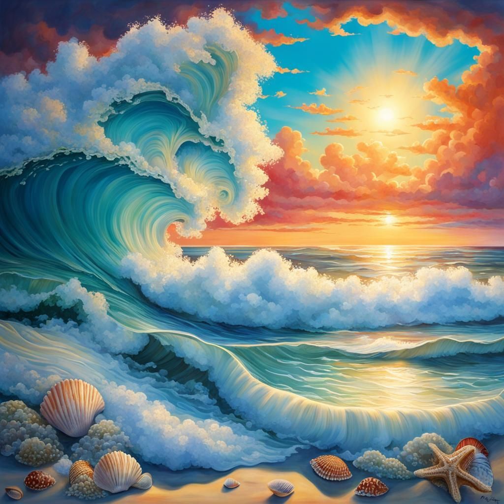 Calm Ocean Scene with Shells and Puffy Clouds