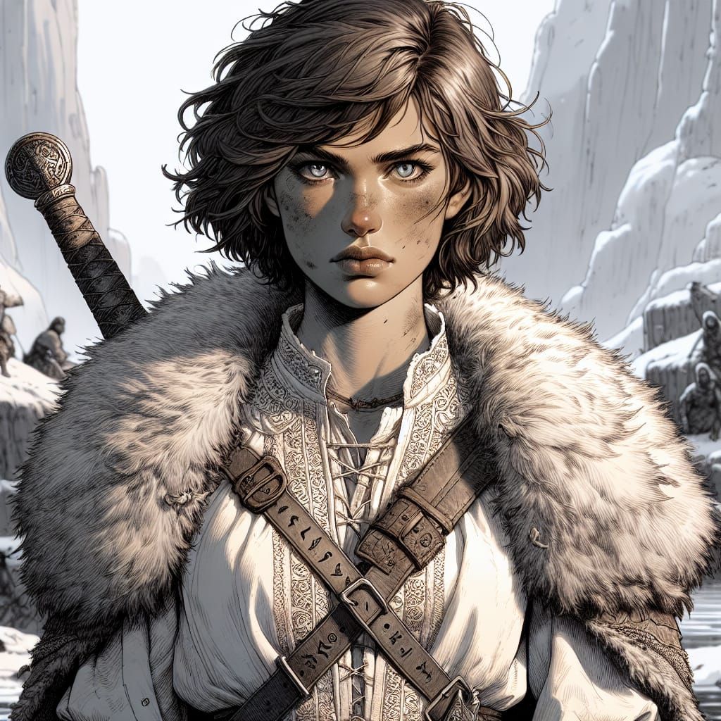 Fantasy Traveler with Sword in Pen and Ink Style