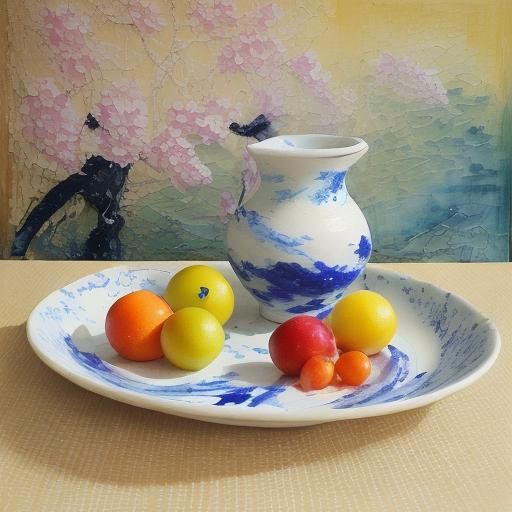 Porcelain and Fruit Plate in Ink Painting Style